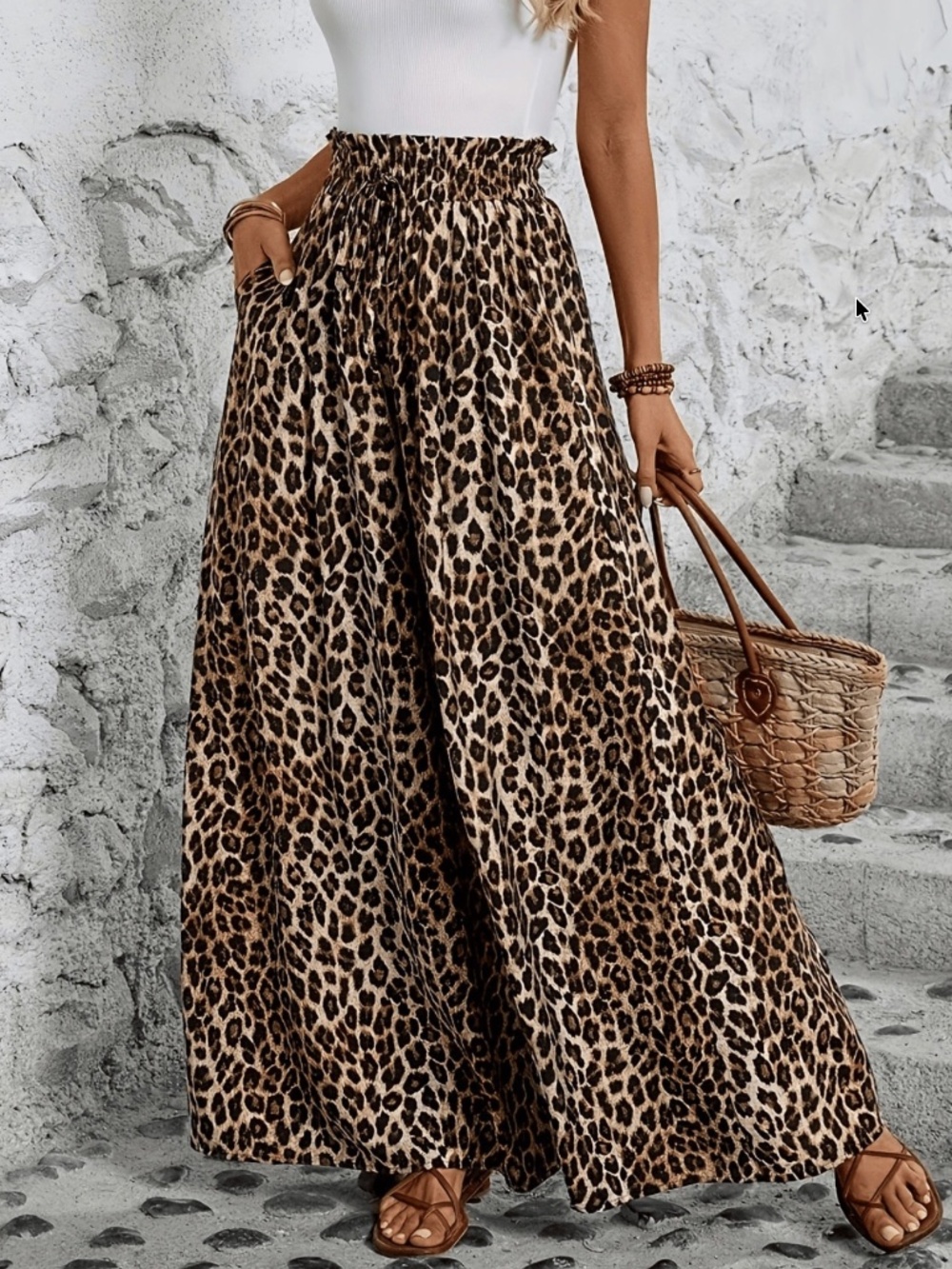 Leopard Print Stretchy Waist Wide leg Pants - Picture 4 of 4